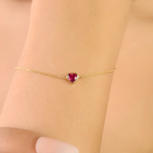 Minimalist Trendy Heart Shape Ruby Bezel Set Solitaire Chain Bracelet 14K Yellow Gold Jewelry