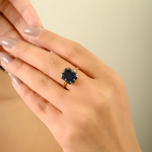 September Birthstone Blue Sapphire Black Rhodium Plated Solitaire Gemstone Ring 18K Gold