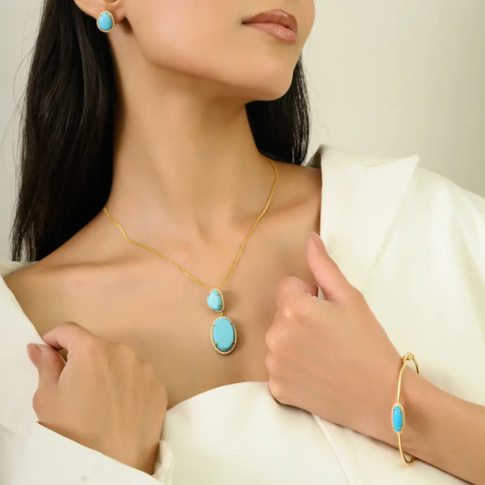 Natural Turquoise & Diamond Halo Statement Pendant For Women 14K Yellow Gold Wedding Jewelry