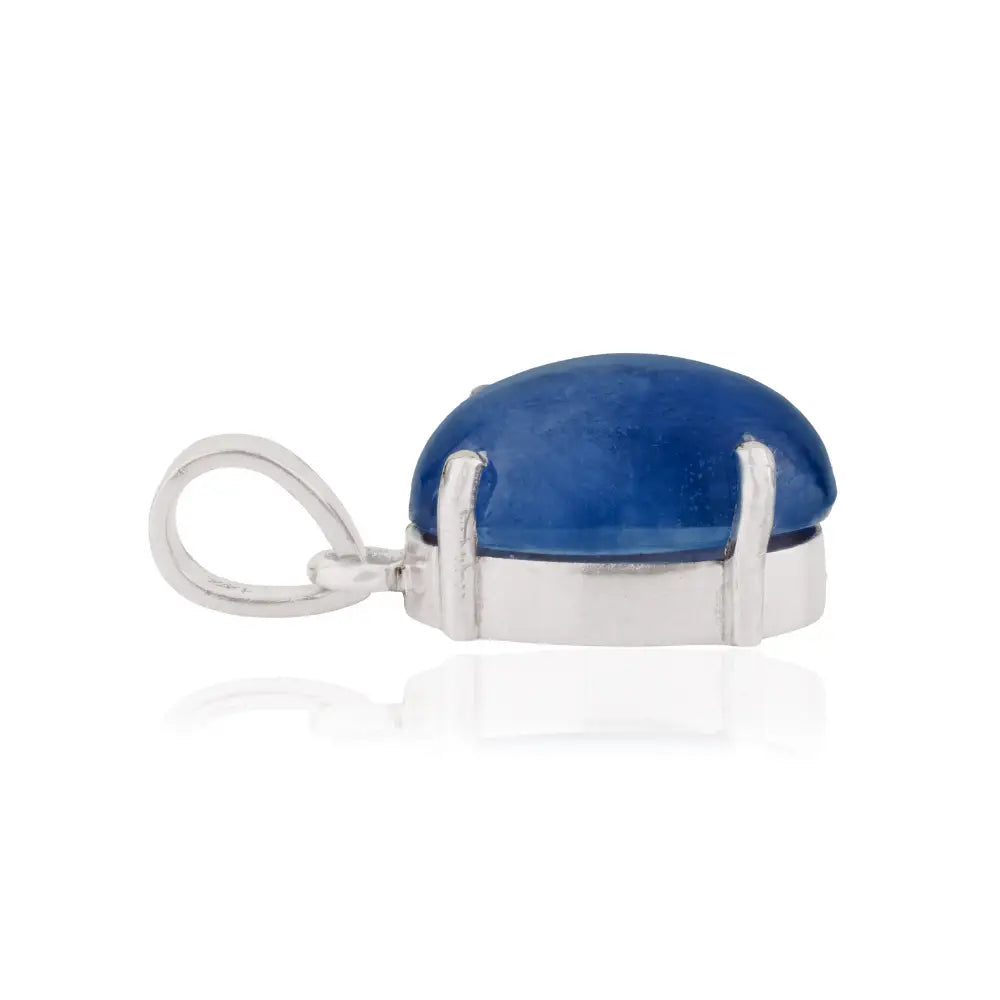 Cabochon Cut Blue Sapphire Single Stone Pendant Pure 14K White Gold September Birthstone