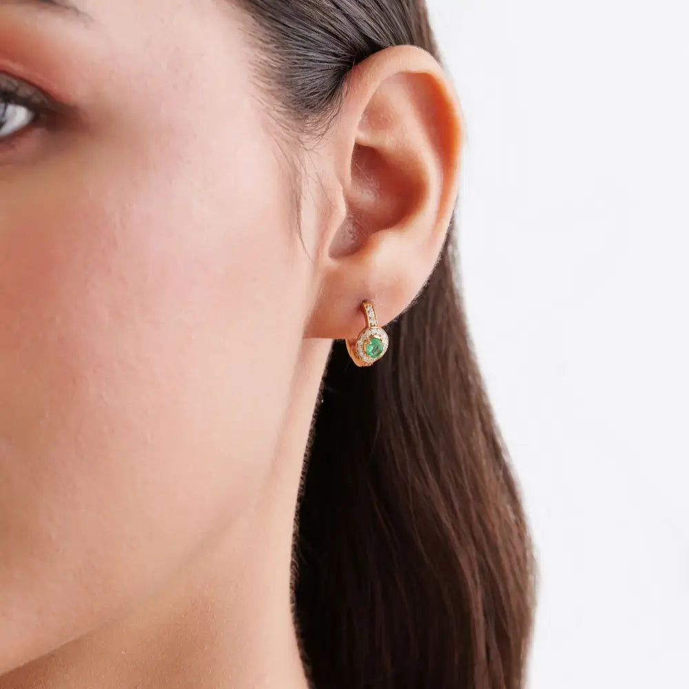 Latest Dainty Design Emerald & Diamond 14K Yellow Gold Mini Hoop Earrings Daily Wear Jewelry