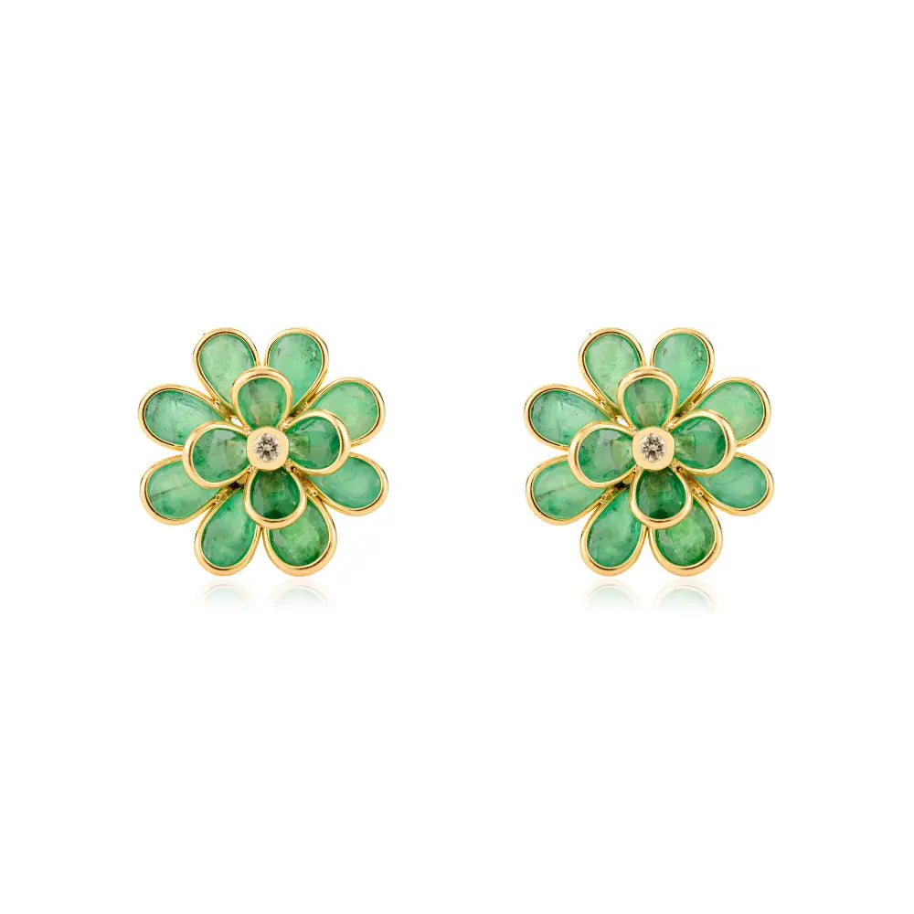 Unique Design Emerald & Diamond Flower Shape Stud Earrings 18K Yellow Gold Jewelry