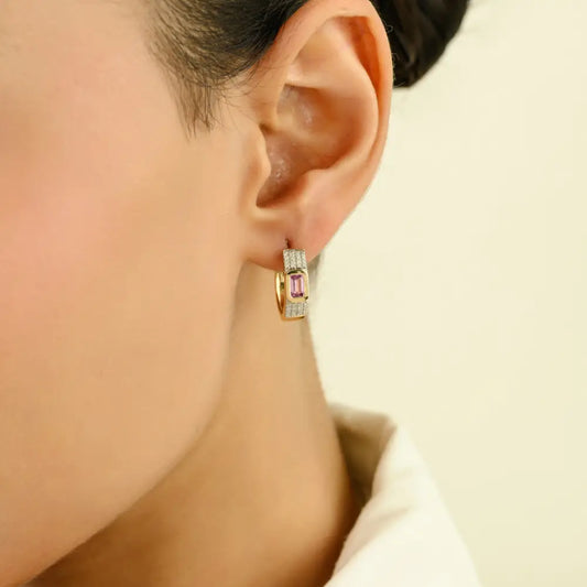 Pink Sapphire & Diamond 14K Yellow Gold Fine Hoop Earrings Customized Gemstone Jewelry