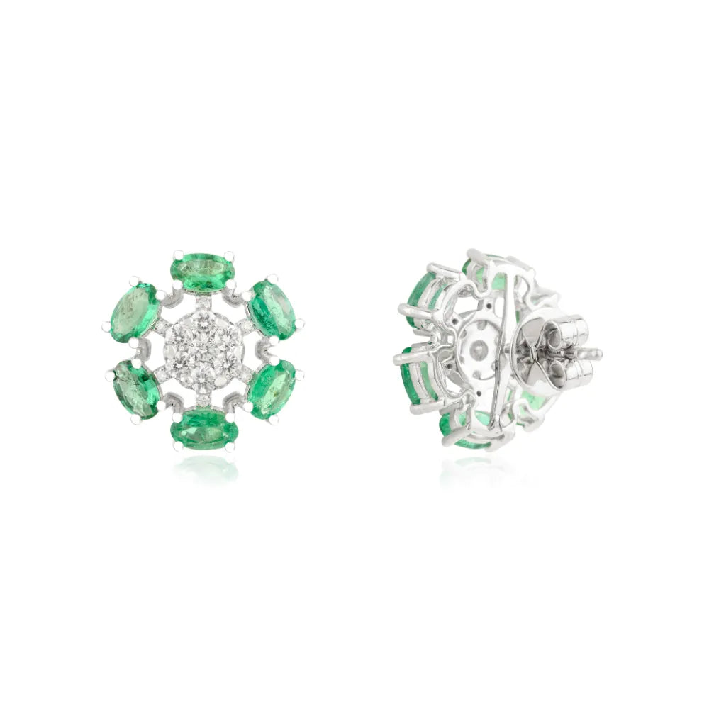 Latest Design Emerald & Diamond Flower Shape Stud Earrings Wholesale 14K Gold Jewelry