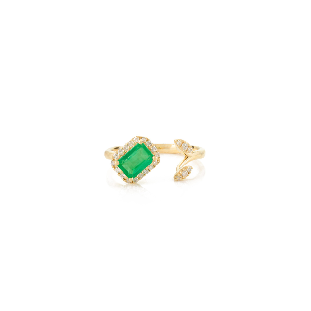 Real Emerald & Diamond Solid 18K Yellow Gold Open Ring Bulk Jewelry