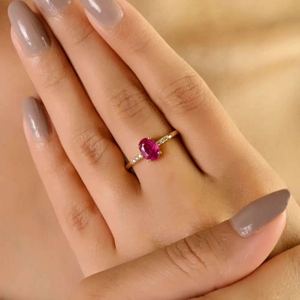 Oval Shape Ruby & Round Cut Diamond Simple Design Engagement Ring 14K Yellow Gold