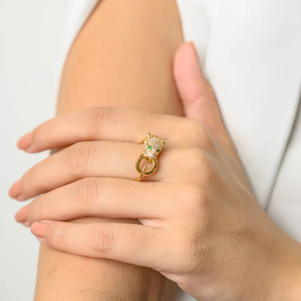 Unique Jewelry Solid 18K Yellow Gold Emerald & Diamond Panther Head Ring