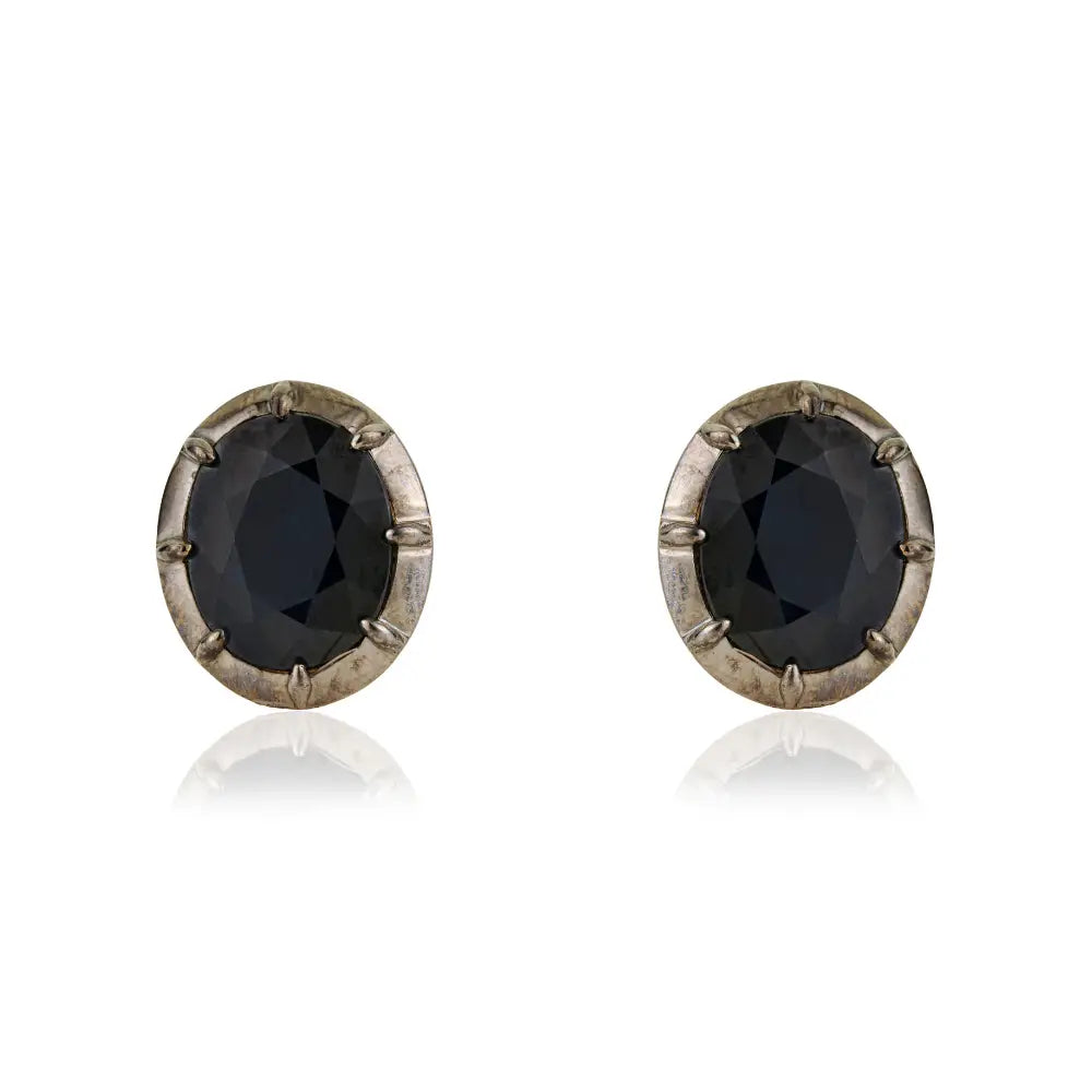 Solid 14K Yellow Gold Blue Sapphire Black Rhodium Plated Solitaire Stud Earrings Fine Jewelry