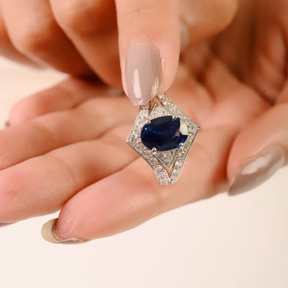 Vintage Inspired Blue Sapphire & Diamond 14K Solid White Gold Statement Ring For Wedding