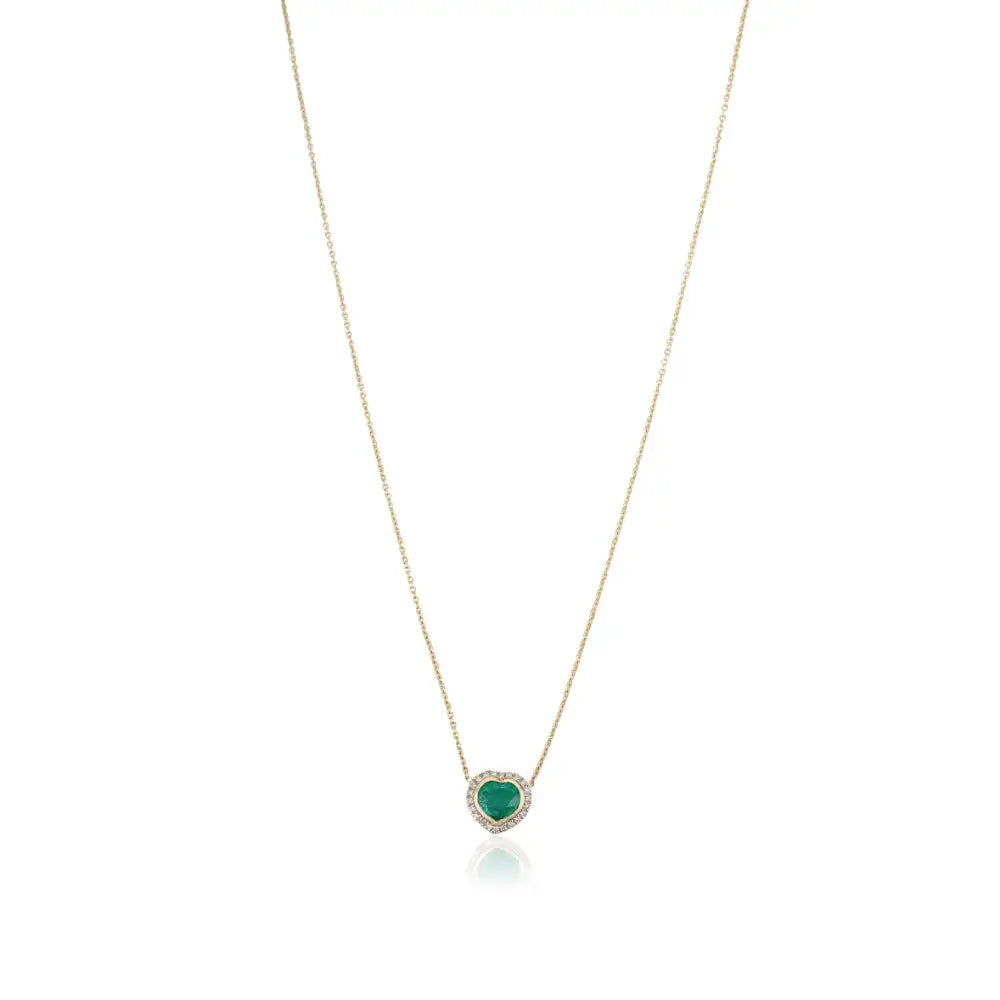 Handcrafted Design 14K Yellow Gold Emerald & Diamond Heart Shape Halo Pendant Necklace