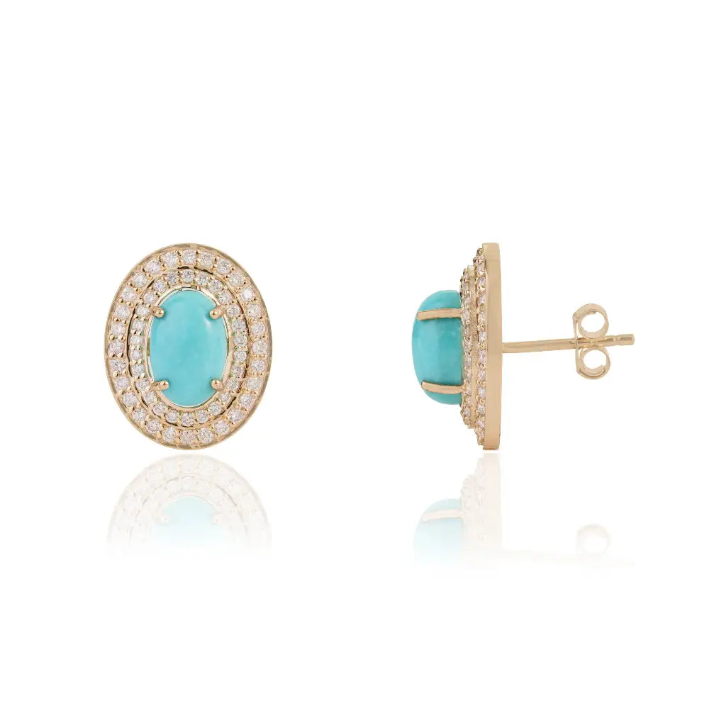 9x6mm Oval Cut Turquoise & Diamond Handmade Double Halo Stud Earrings 14K Yellow Gold