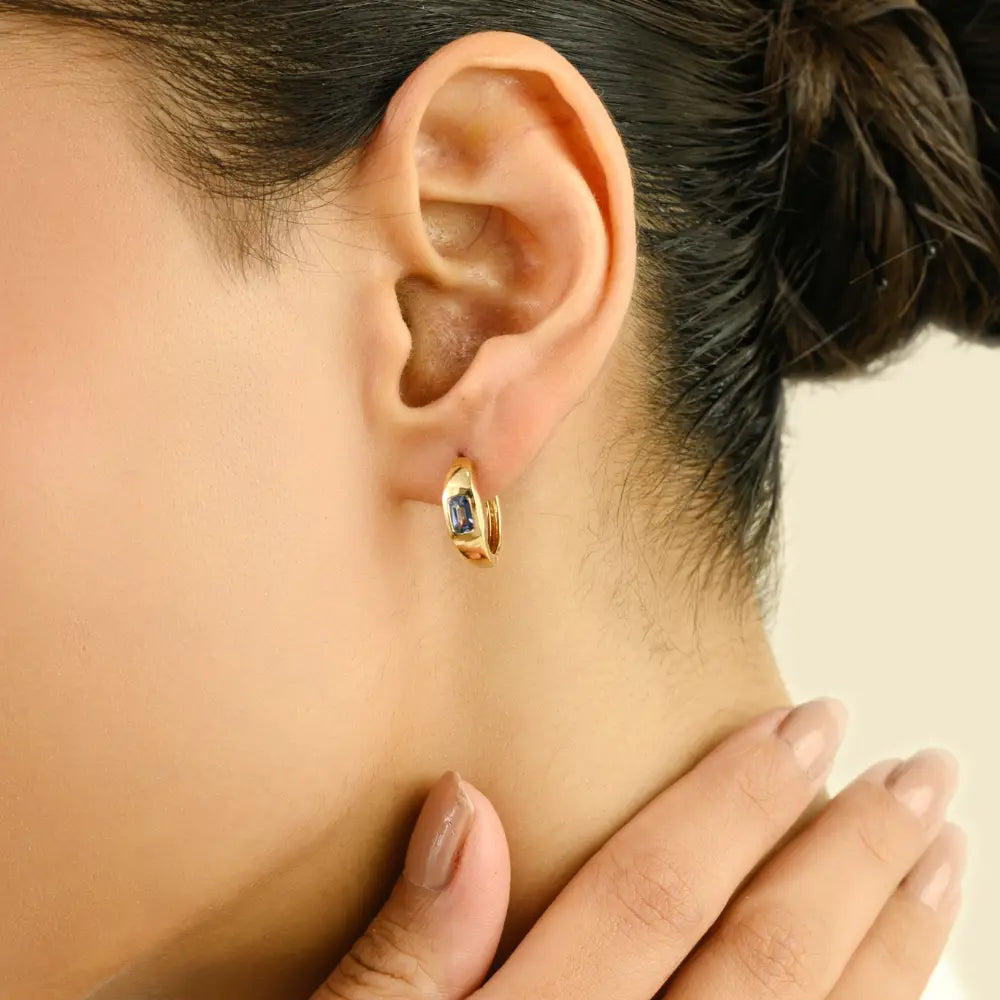 Gypsy Set Blue Sapphire K14 Yellow Gold Minimal Huggie Hoop Earrings Everyday Jewelry