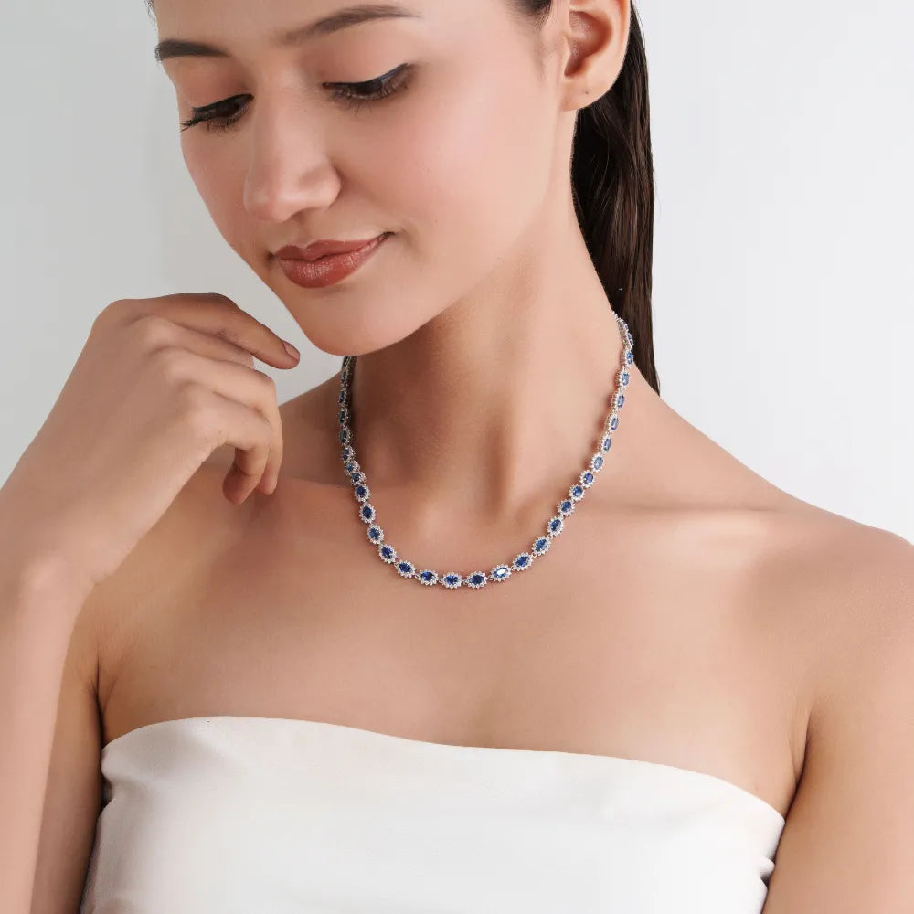 Prong Set Blue Sapphire & Diamond Fine Cluster Tennis Necklace For Women 14K Real White Gold Bold Jewelry