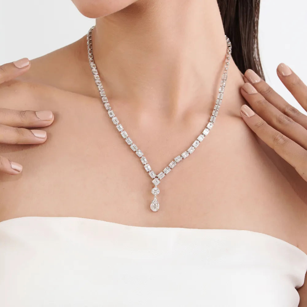 Luxury Design Bold Natural Diamond Bold Y Shape Drop Necklace Engagement Jewelry 14K Real White Gold