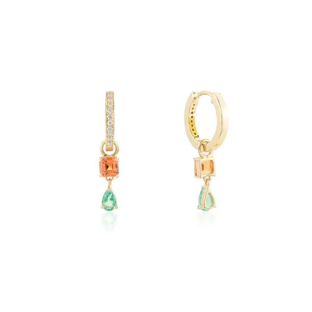 Orange Sapphire Emerald & Diamond Solid Yellow Gold Charm Hoop Earrings