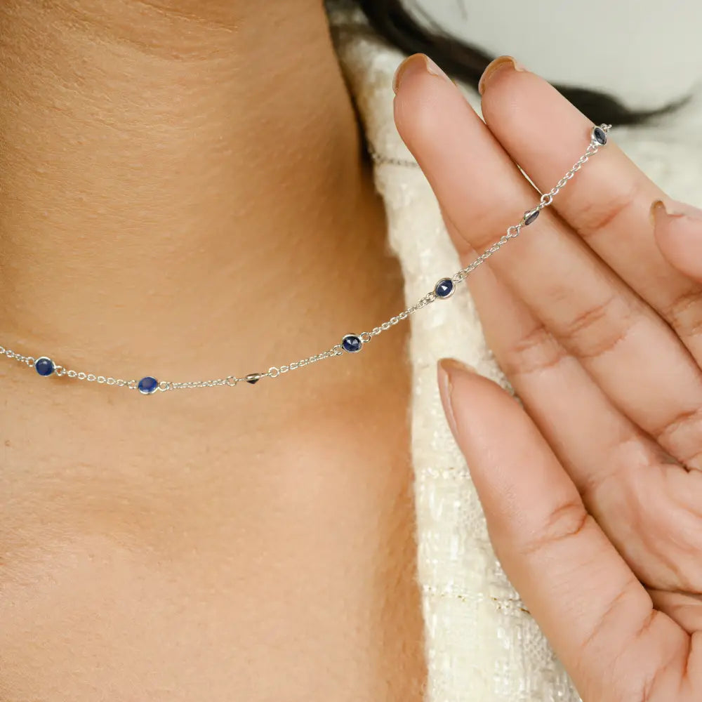 Round Cut Blue Sapphire Station Chain Necklace Women Everyday Jewelry 14K White Gold