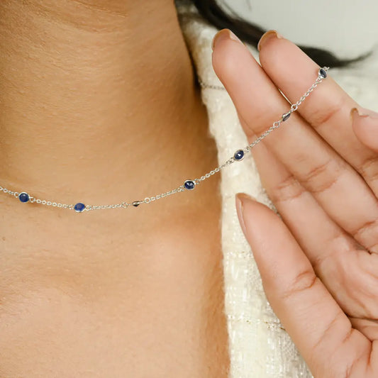 Round Cut Blue Sapphire Station Chain Necklace Women Everyday Jewelry 14K White Gold
