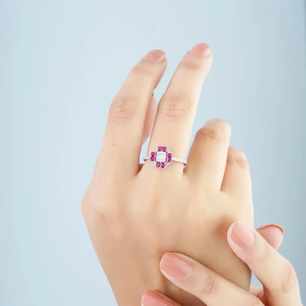 New Design Handmade Ruby & Diamond Solid K14 White Gold Engagement Ring For Women's