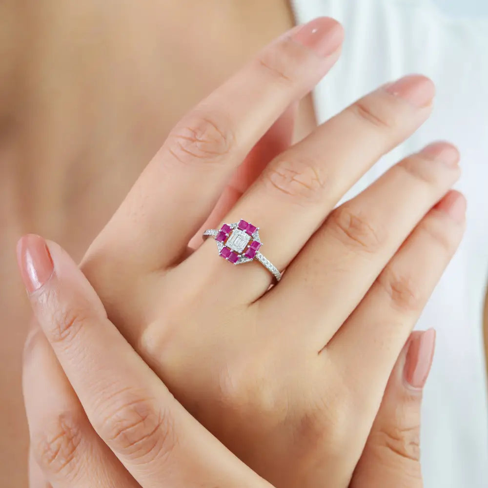 New Design Handmade Ruby & Diamond Solid K14 White Gold Engagement Ring For Women's