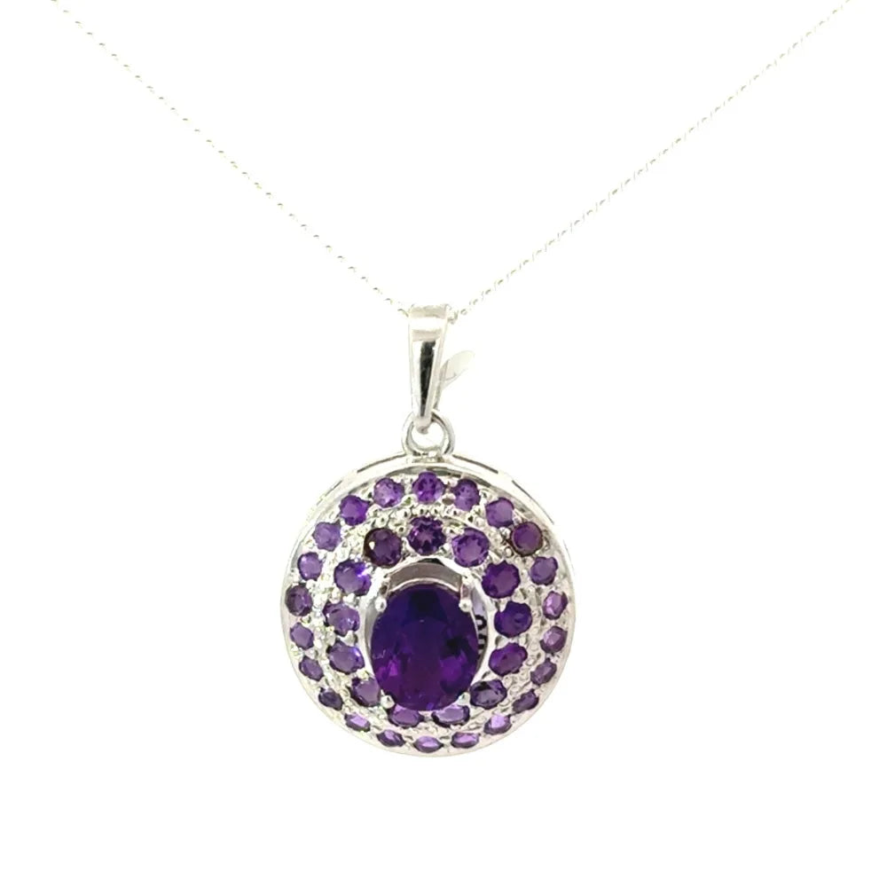Handmade Real Purple Amethyst Gemstone Double Halo Pendant For Women February Birthstone