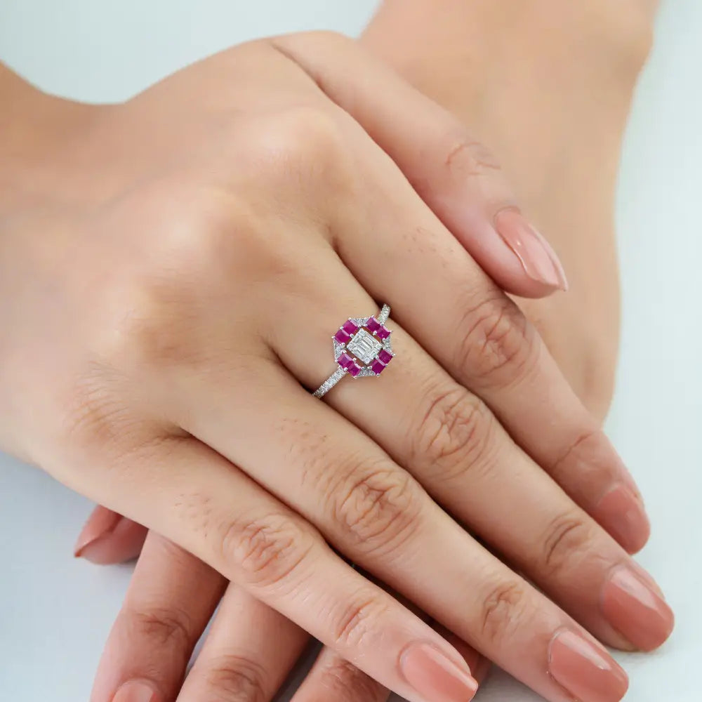 New Design Handmade Ruby & Diamond Solid K14 White Gold Engagement Ring For Women's