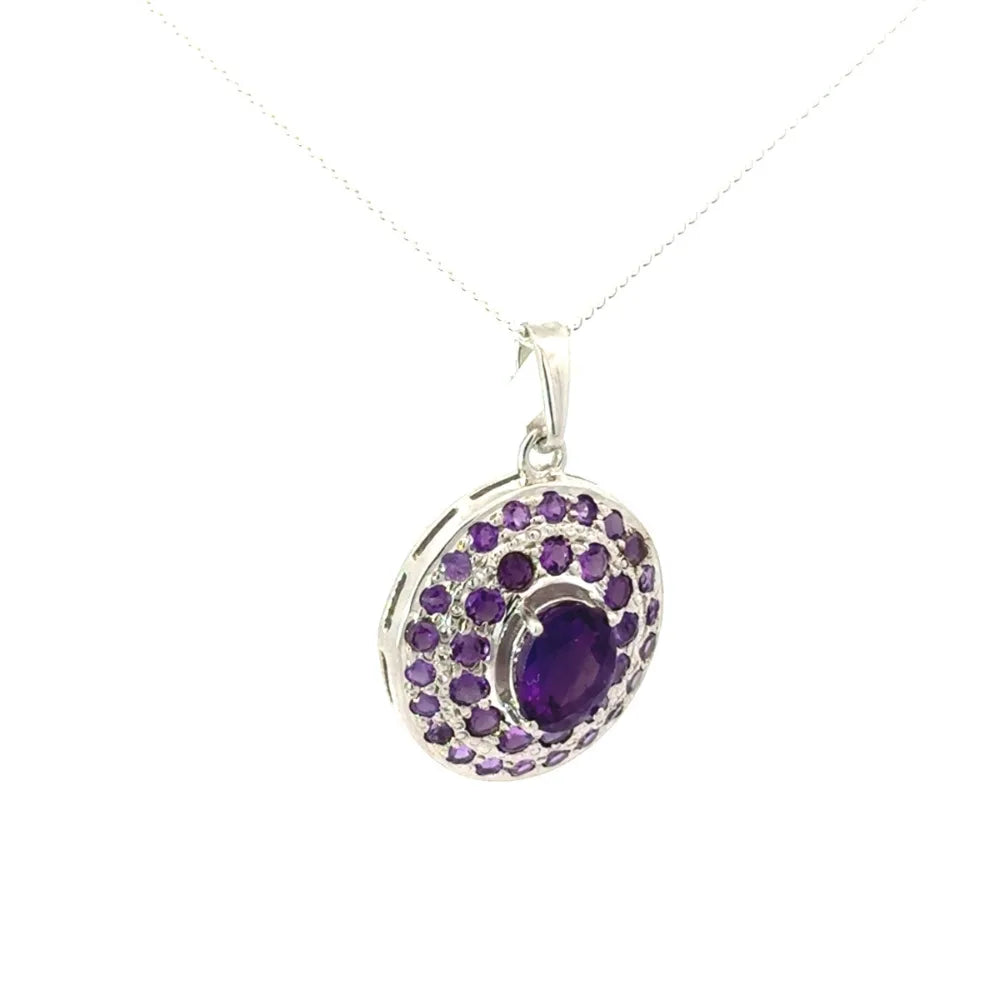 Handmade Real Purple Amethyst Gemstone Double Halo Pendant For Women February Birthstone