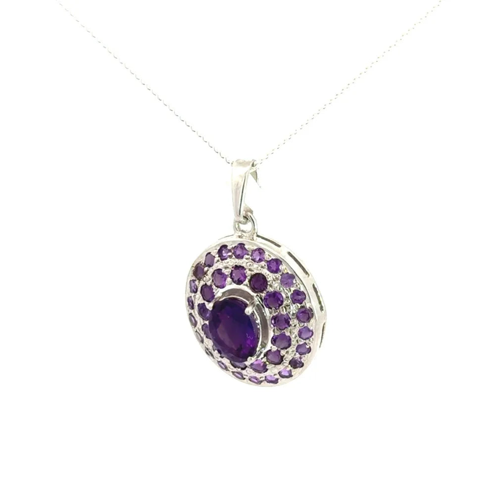 Handmade Real Purple Amethyst Gemstone Double Halo Pendant For Women February Birthstone