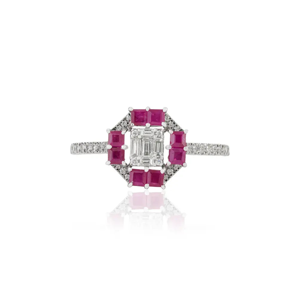 New Design Handmade Ruby & Diamond Solid K14 White Gold Engagement Ring For Women's