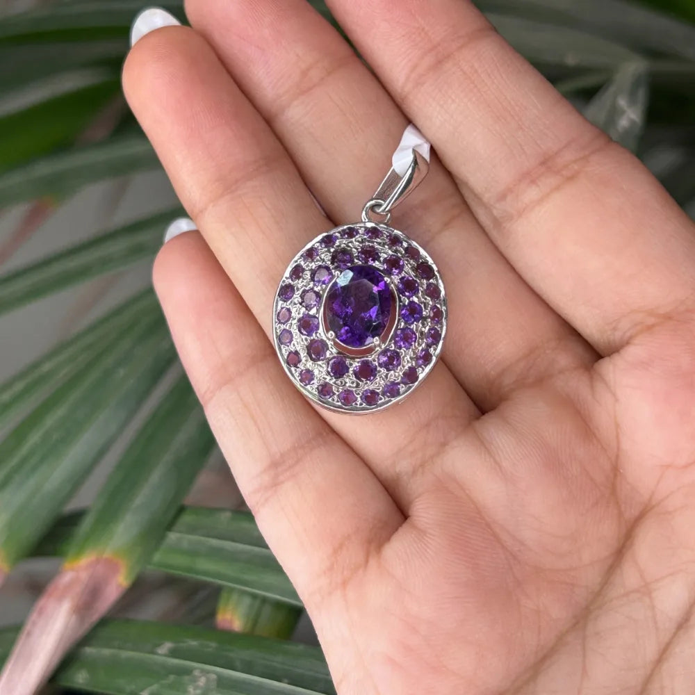 Handmade Real Purple Amethyst Gemstone Double Halo Pendant For Women February Birthstone