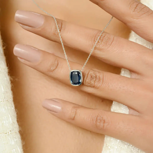 Octagon Cut Blue Sapphire 14K Real White Gold Single Stone Pendant Necklace For Women