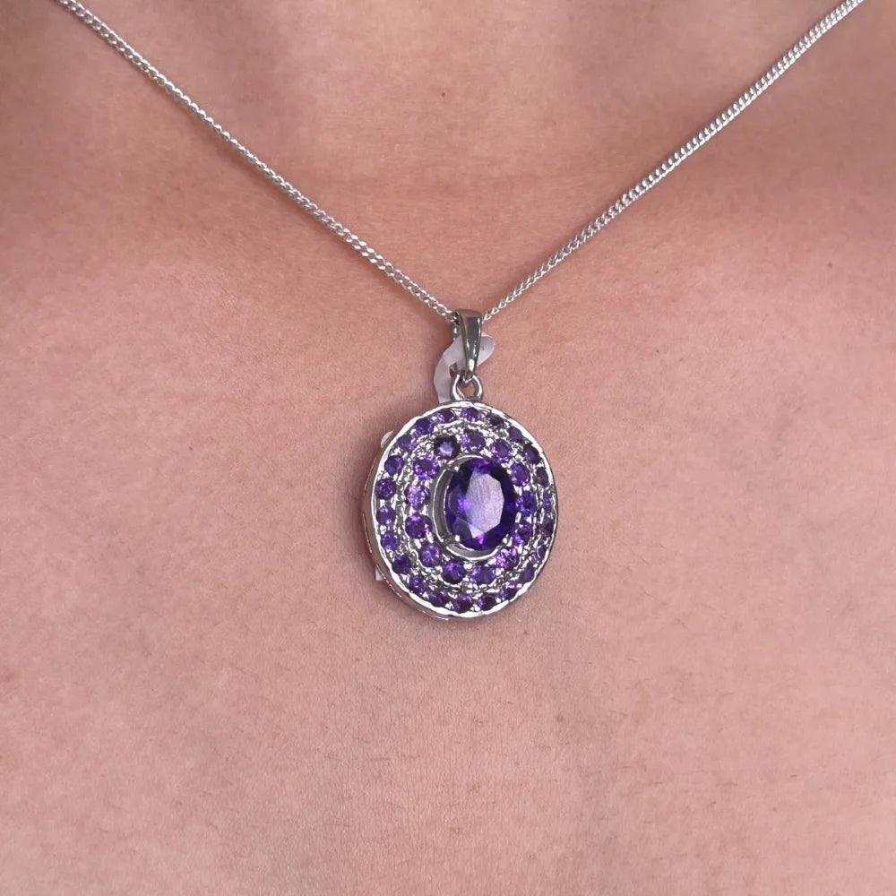 Handmade Real Purple Amethyst Gemstone Double Halo Pendant For Women February Birthstone