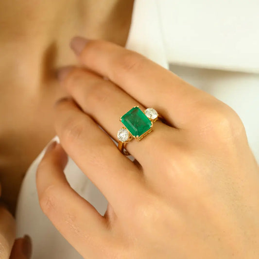 14K Yellow Gold 100% Natural Emerald & Diamond Three Stone Ring Double Prong Setting