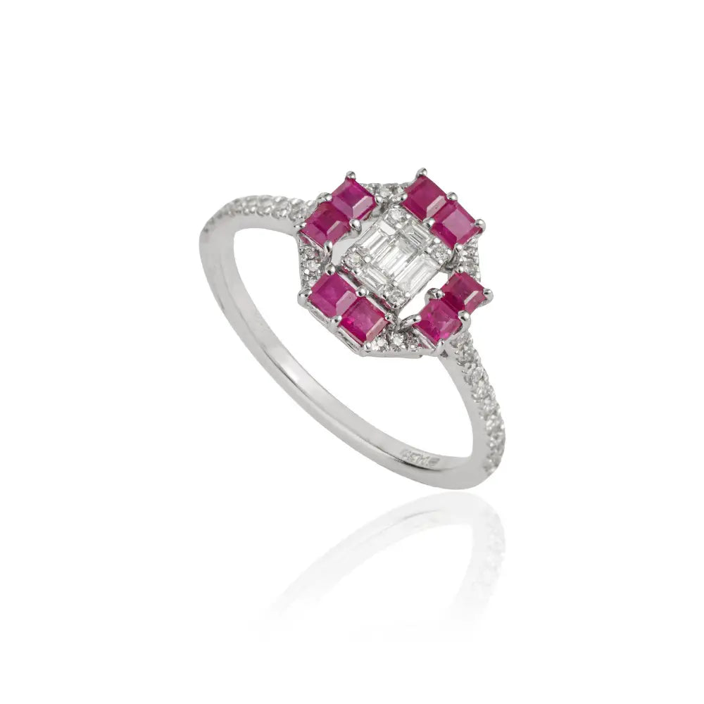 New Design Handmade Ruby & Diamond Solid K14 White Gold Engagement Ring For Women's