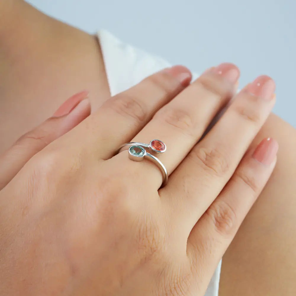 K14 White Gold Precious Gemstone Multi Sapphire Simple Bypass Ring Birthstone Jewelry