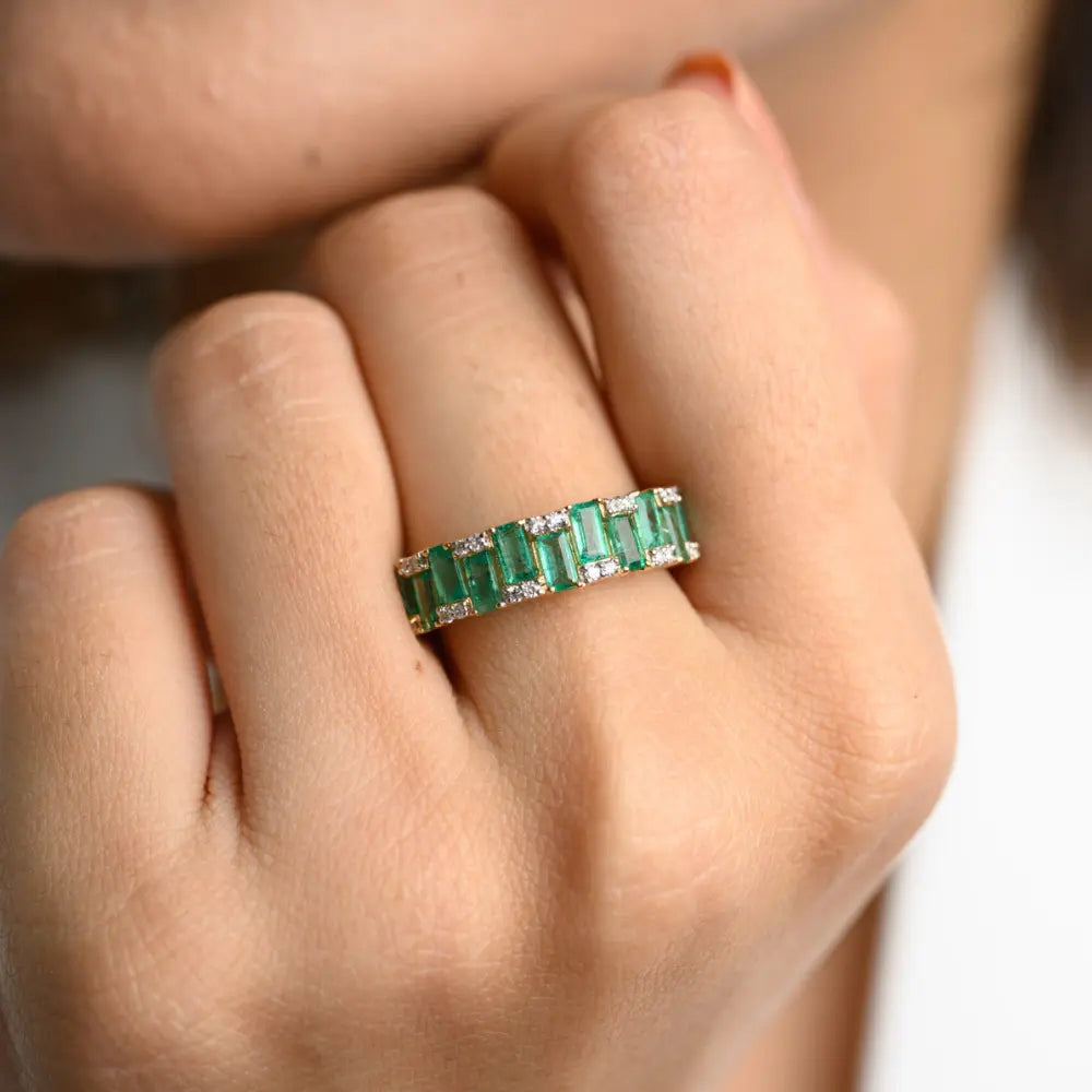 Fashionable Jewelry 14K Solid Yellow Gold Natural Emerald & Diamond Half Eternity Band Ring