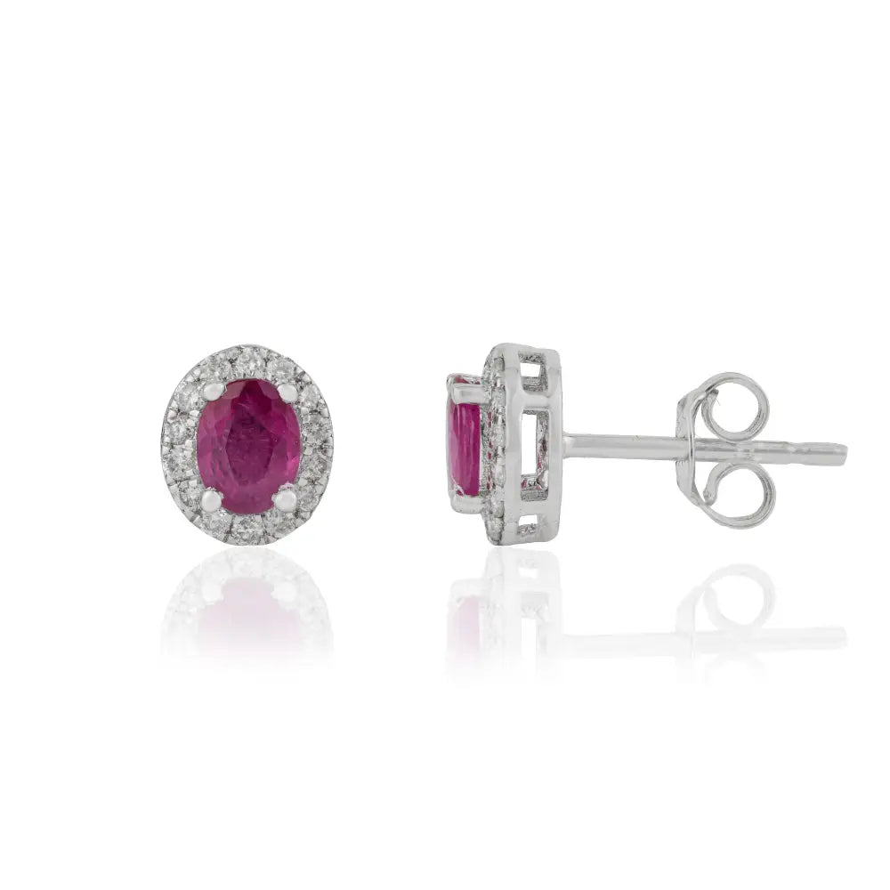 Oval Shape Ruby & Round Cut Diamond Real K18 White Gold Halo Stud Earrings Minimal Jewelry