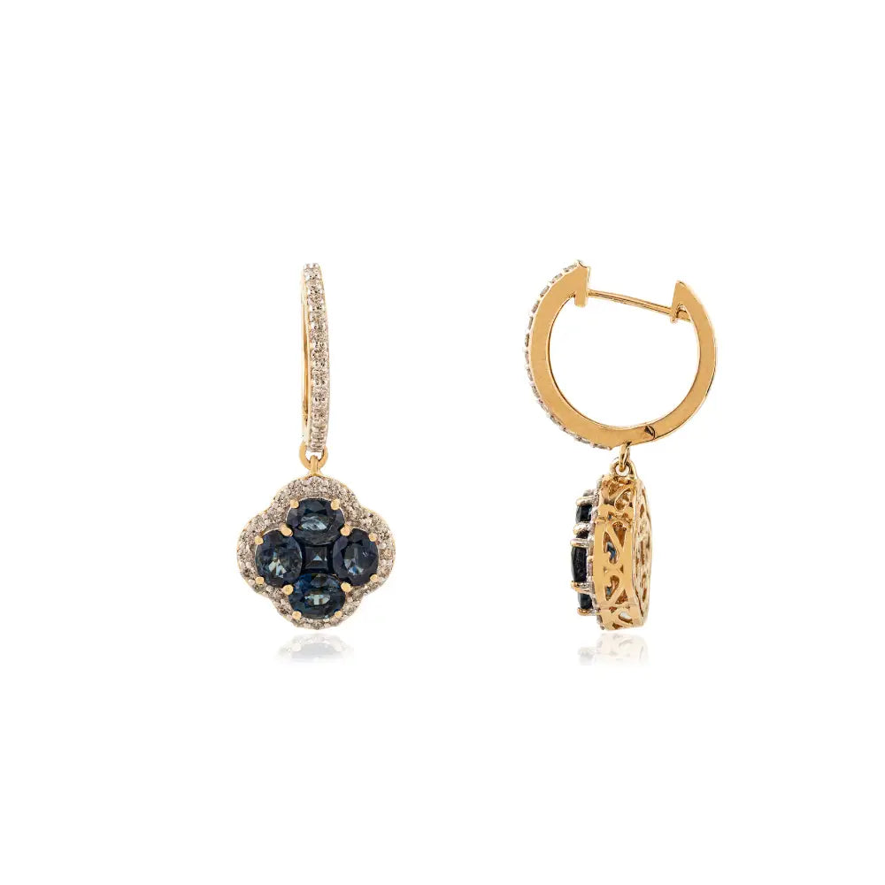 4.55 Ct. Blue Sapphire Gemstone & Diamond Clover Hoop Charm Drop Earrings 14K Gold