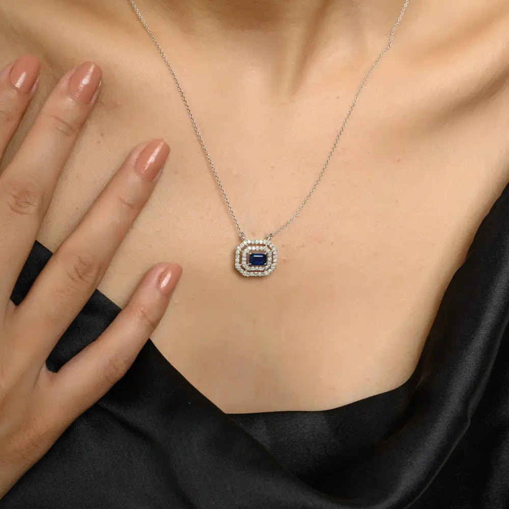 Fashionable Jewelry Natural Blue Sapphire & Diamond 14K Solid White Gold Minimal Necklace