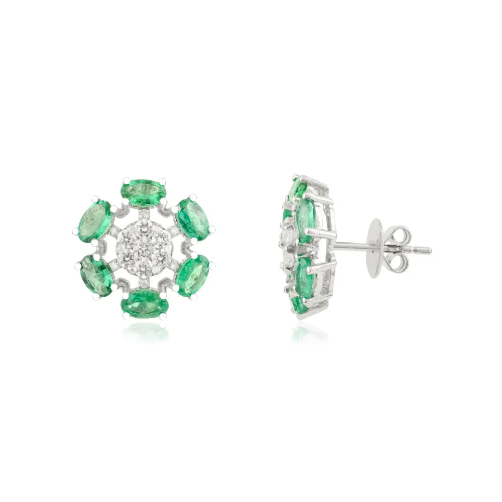 Latest Design Emerald & Diamond Flower Shape Stud Earrings Wholesale 14K Gold Jewelry
