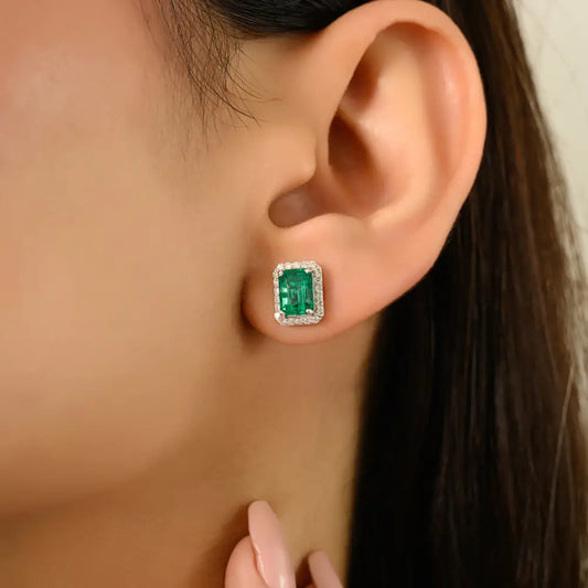 Push Back Stud Earrings In Natural Emerald & Diamond 14K Solid Yellow Gold Everyday Jewelry