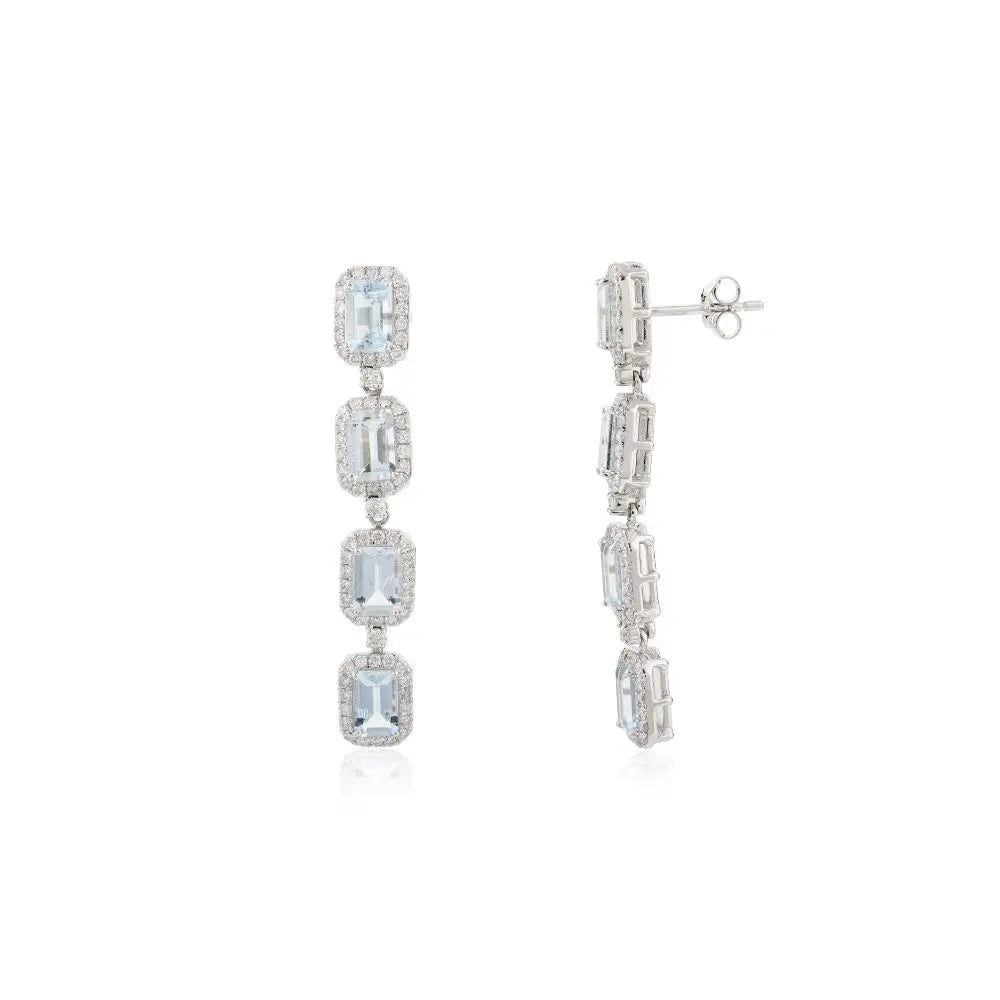 Wholesale Jewelry 18K White Gold Aquamarine & Diamond Halo Dangle Earrings