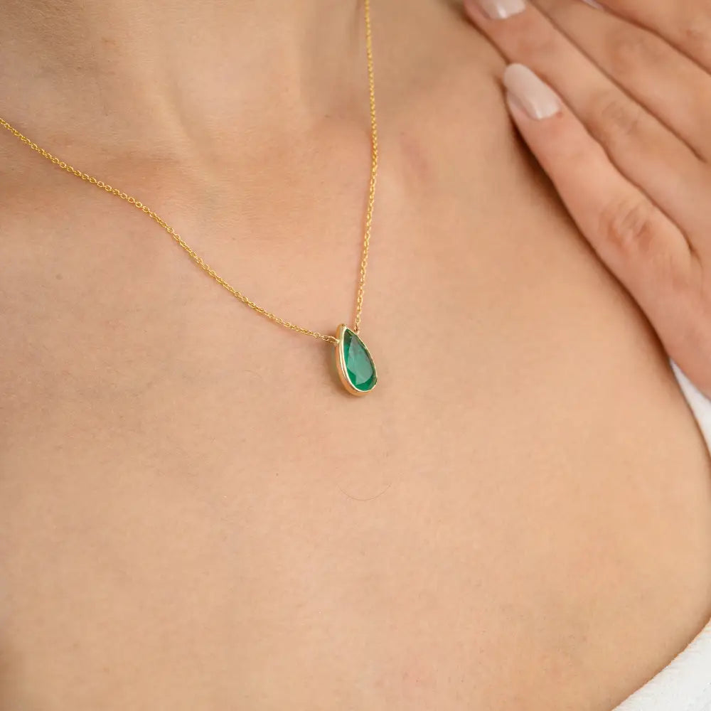 May Birthstone Natural Pear Cut Emerald 14K Real Yellow Gold Chain Necklace