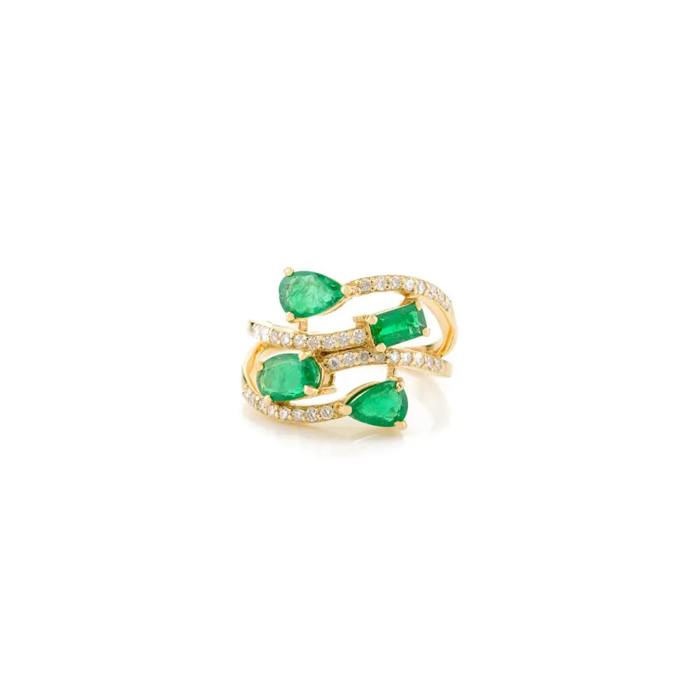 Designer Jewelry Natural Emerald & Diamond Solid Yellow Gold Statement Ring