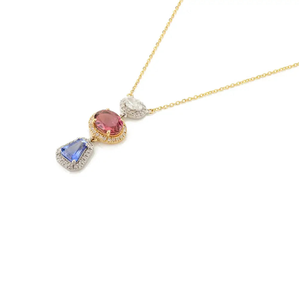 Multi Sapphire & Diamond Solid 18K Yellow Gold Charm Chain Pendant Necklace