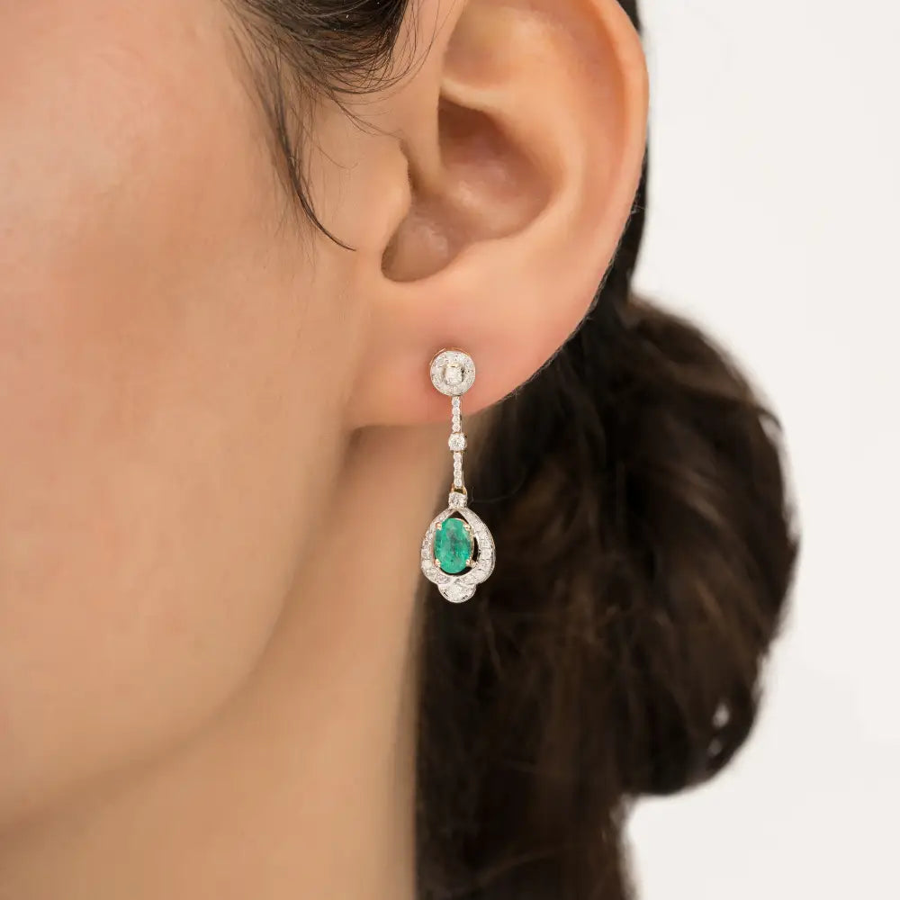 14K Solid Yellow Gold Emerald & Diamond Water Drop Shape Dangle Earrings For Women Jewelry