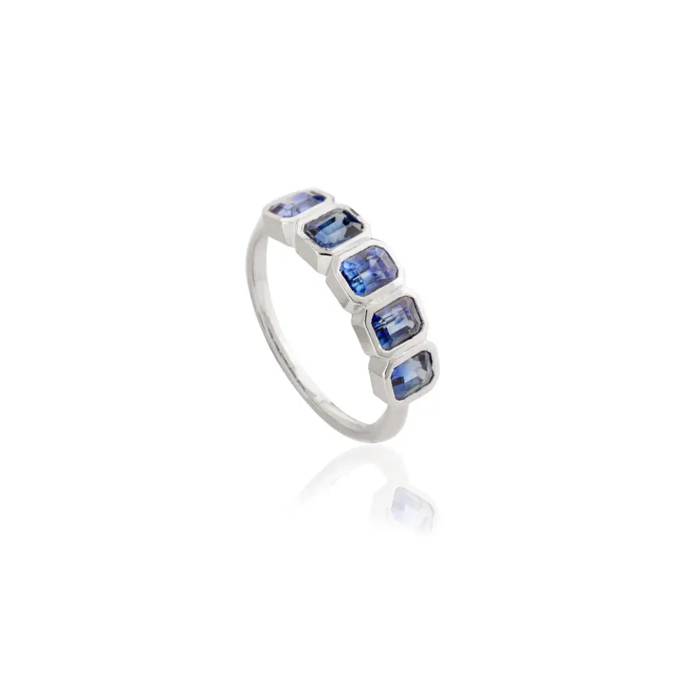 Precious Gemstone Natural Blue Sapphire 18K White Gold Half Eternity Band Ring