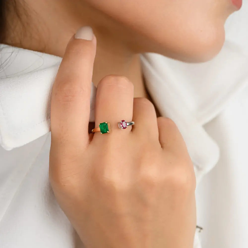 Emerald and Ruby Minimalist Two Stone 18K Authentic Gold Open Ring