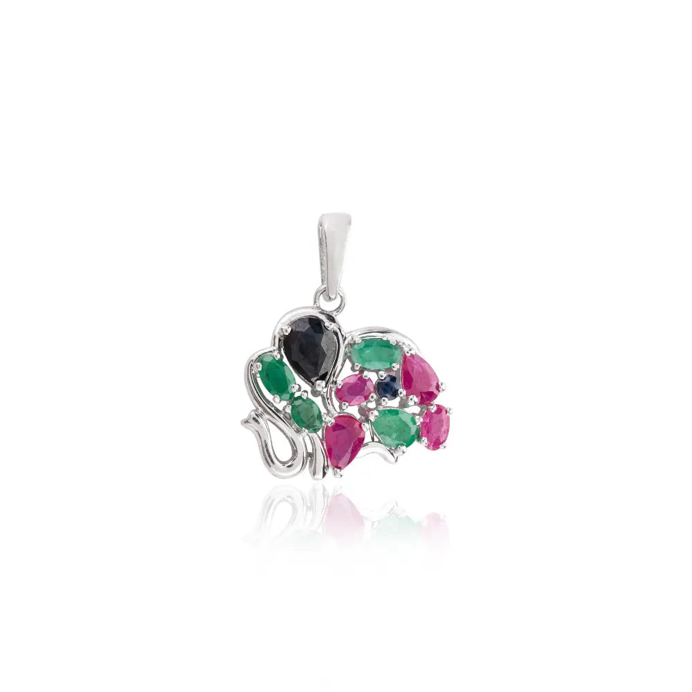 Precious Gemstone Jewelry Emerald Ruby & Sapphire Elephant Shape Pendant Set In 925 Sterling Silver