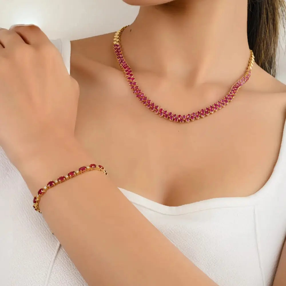 Trending Jewelry 18K Real Yellow Gold 100% Natural Ruby Tennis Necklace