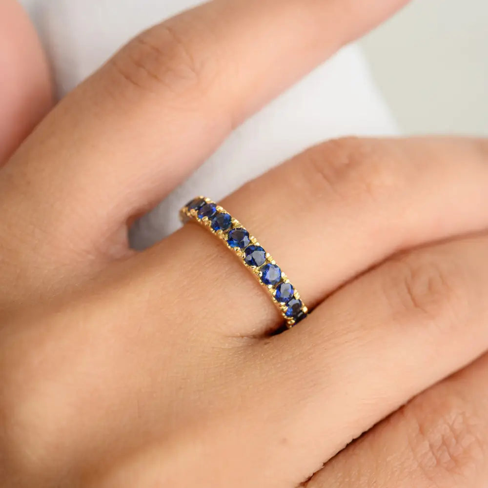 14K Real Gold Natural Round Cut Blue Sapphire Full Eternity Band Ring